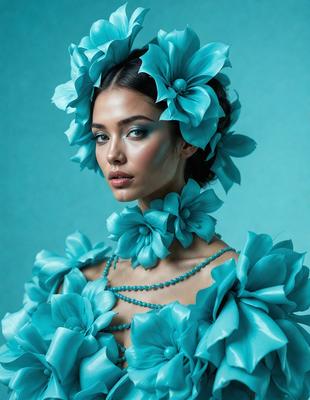 The primary subject of the image is a woman wearing a blue dress and a blue flower in her hair. She is posing for the camera, and her outfit and accessories create a vibrant and colorful atmosphere. The setting appears to be a studio or a similar indoor environment, and the visual style is a combination of photography and digital art. The woman's outfit and the blue flowers in her hair evoke a sense of whimsy and creativity.